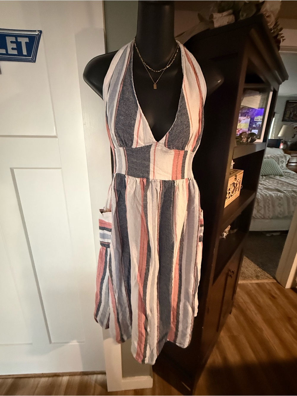Indigo Rein Linen Striped Halter Midi Dress in Blue, White & Pink